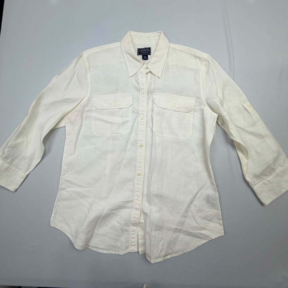 Chaps Classics Women's White 100% Linen Long Sleeve Button-Up Utility Shirt